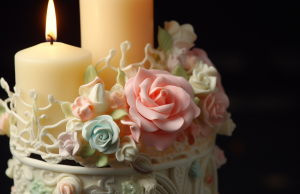 An artistic close-up of a unique unity candle or a custom-designed wedding cake topper, symbolizing the couple's commitment and love, surrounded by soft pastel hues and delicate floral accents to enhance the romantic atmosphere.