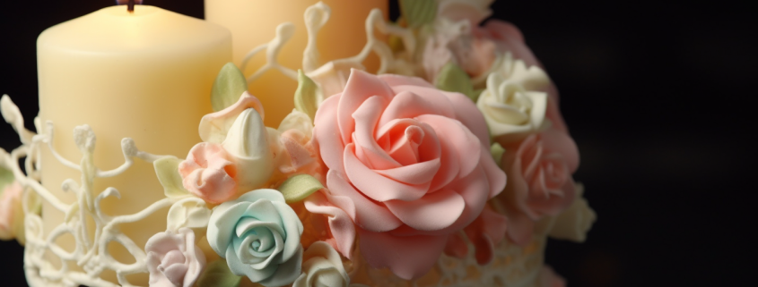 An artistic close-up of a unique unity candle or a custom-designed wedding cake topper, symbolizing the couple's commitment and love, surrounded by soft pastel hues and delicate floral accents to enhance the romantic atmosphere.