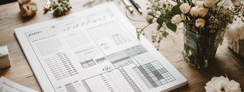 An elegantly designed budget planner or spreadsheet, with various categories like venue, catering, flowers, and photography, symbolizing the importance of proper budgeting for all expenses during the wedding planning process.
